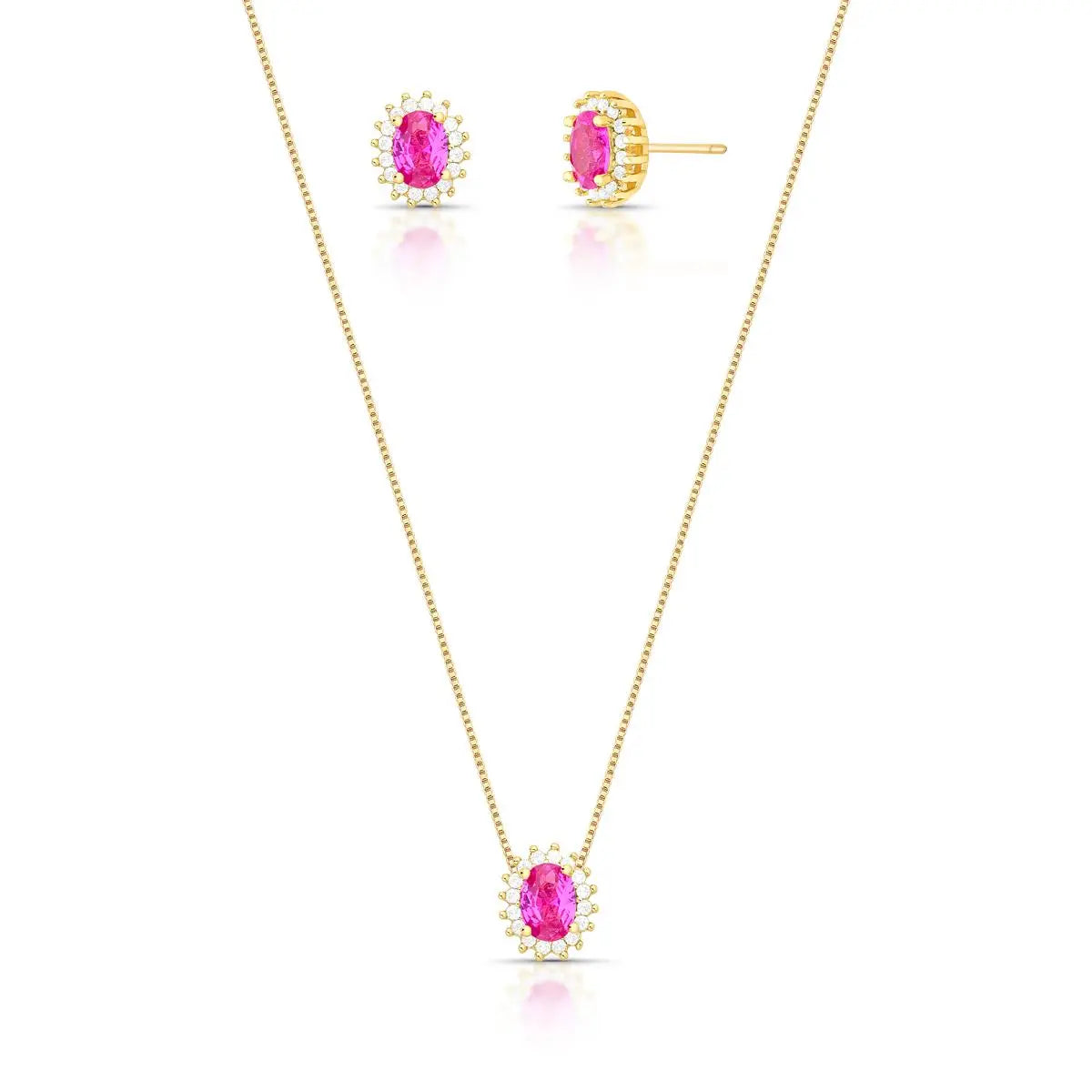 Conjunto Folheado a Ouro Brinco e Colar com Pingente Oval em Cristal e Zircônias
