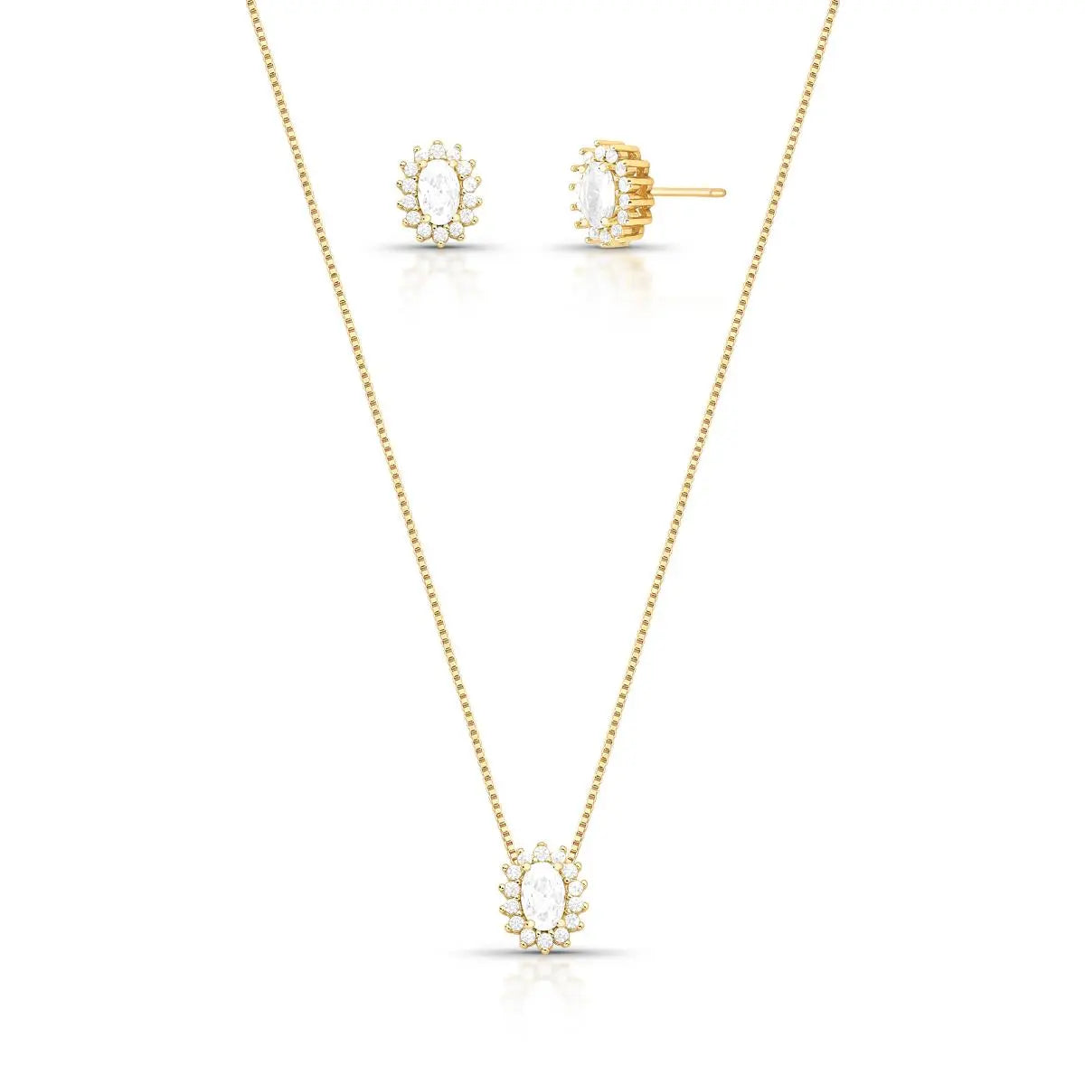 Conjunto Folheado a Ouro Brinco e Colar com Cristal Oval e Zircônias