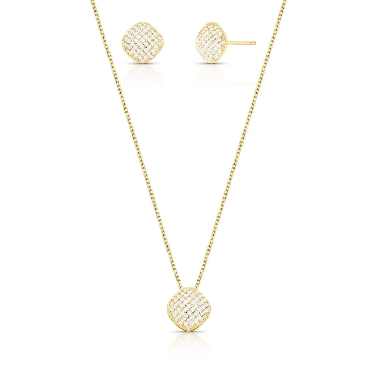 Conjunto Folheado a Ouro Brinco e Colar Quadrado com Zircônias