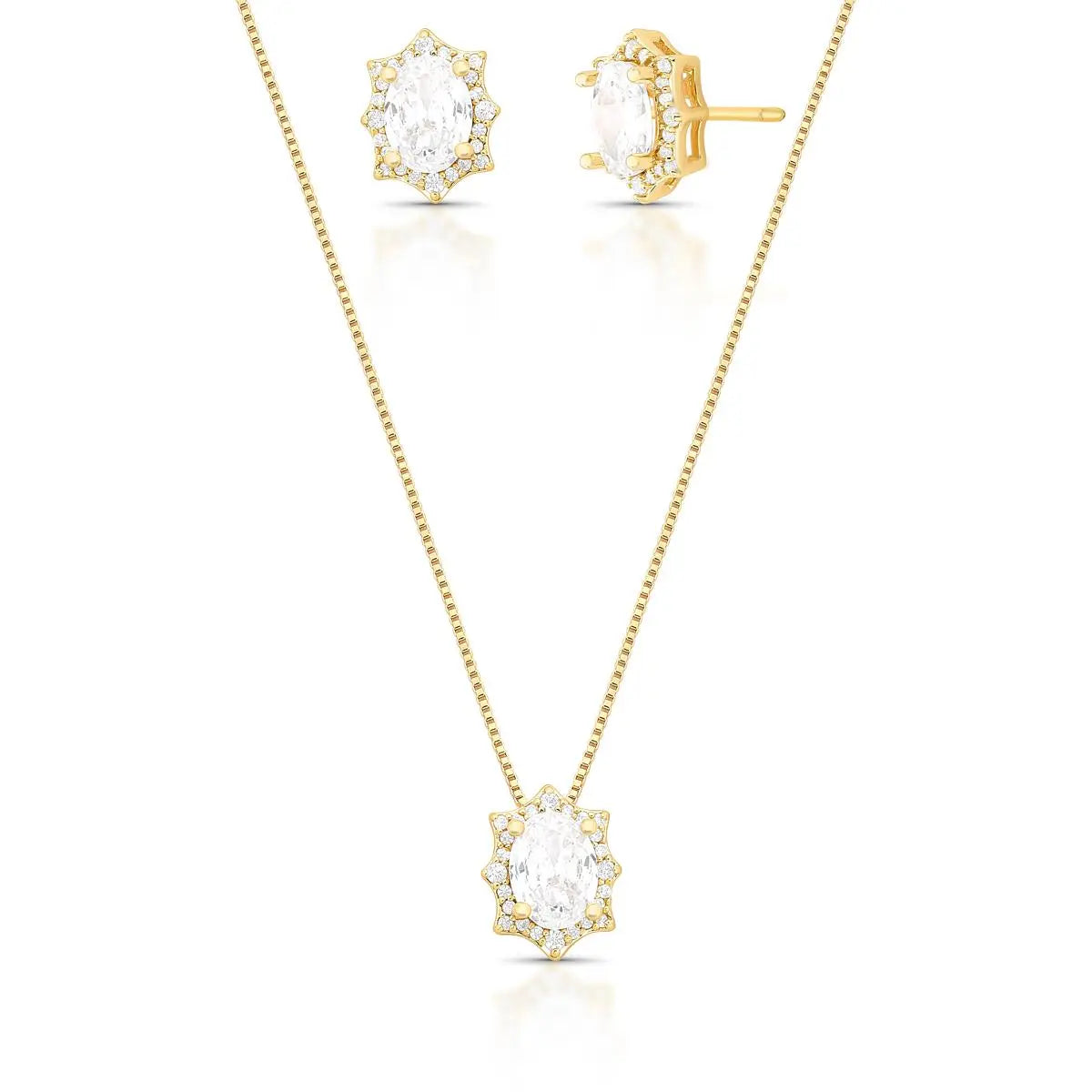Conjunto Brinco e Colar com Cristal Oval e Zircônias