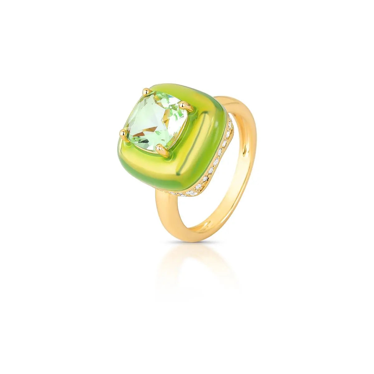 Anel Folheado a Ouro Esmaltado com Cristal Quadrado e Zircônias