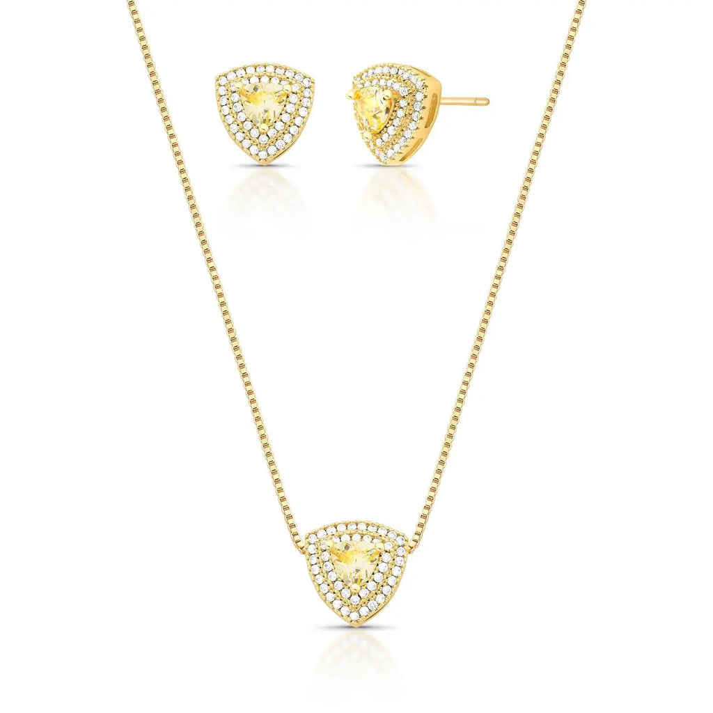Conjunto Folheado a Ouro Brinco e Colar Triangular em Cristal e Zircônias