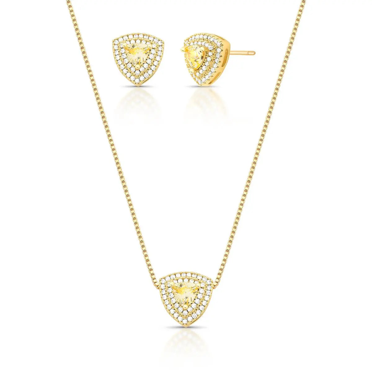 Conjunto Folheado a Ouro Brinco e Colar Triangular em Cristal e Zircônias