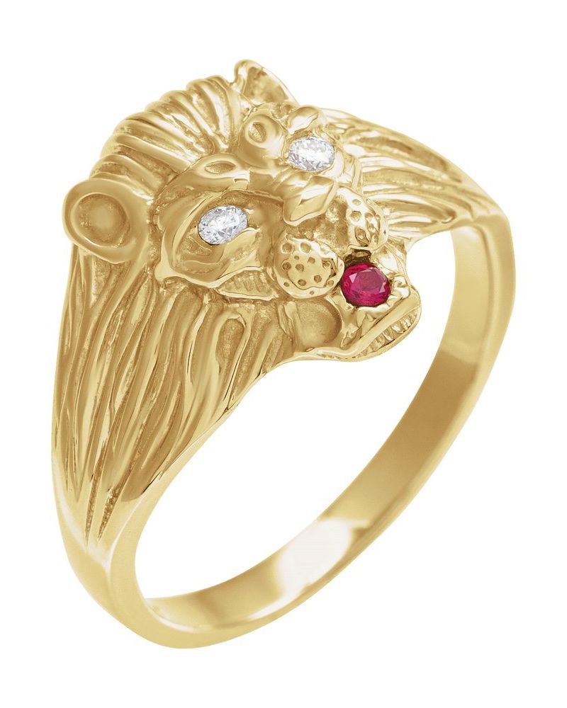 Anel Cabeça de Leão em Ouro 14k com Diamantes Naturais