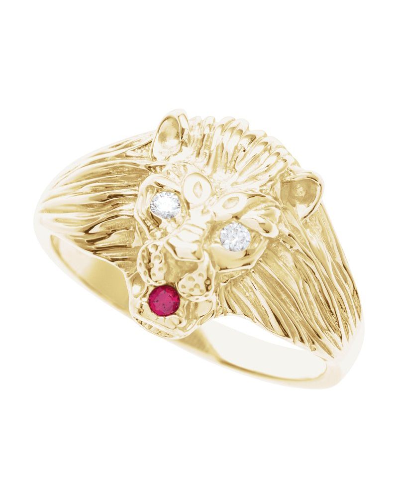 Anel Cabeça de Leão em Ouro 14k com Diamantes Naturais