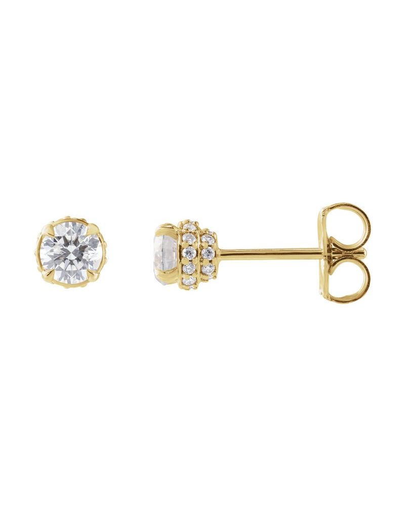 Brinco Ponto de Luz Redondo Quatro Garras Halo Oculto em Ouro 14k com Diamantes Naturais