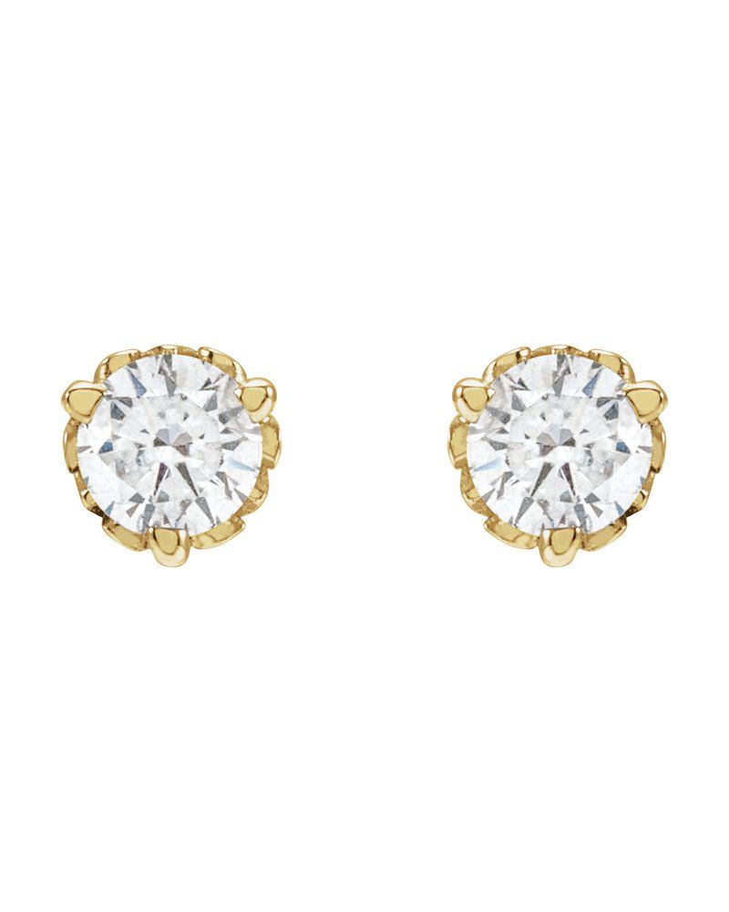 Brinco Ponto de Luz Redondo Três Garras Arabesco em Ouro 14k com Diamantes de Laboratório