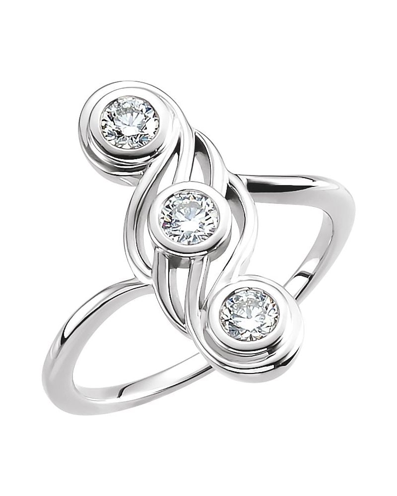 Anel Três Pedras com Cravação Bezel em Ouro 14k com Diamantes Naturais – Modelo 3