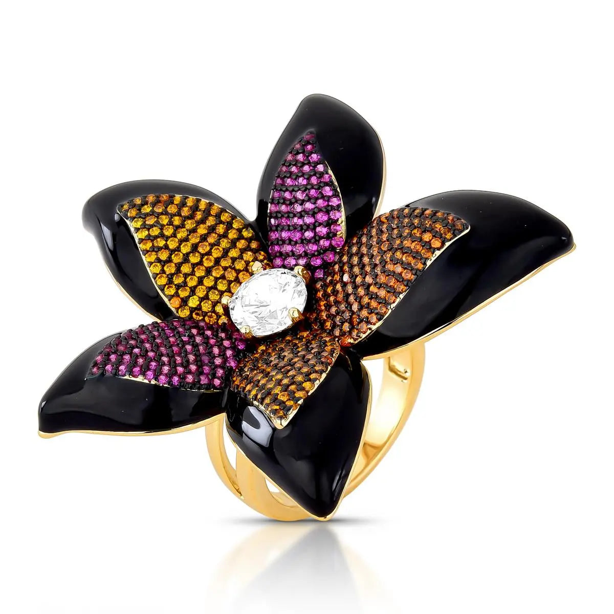 Anel Folheado a Ouro de Flor Esmaltado com Cristal e Zircônias