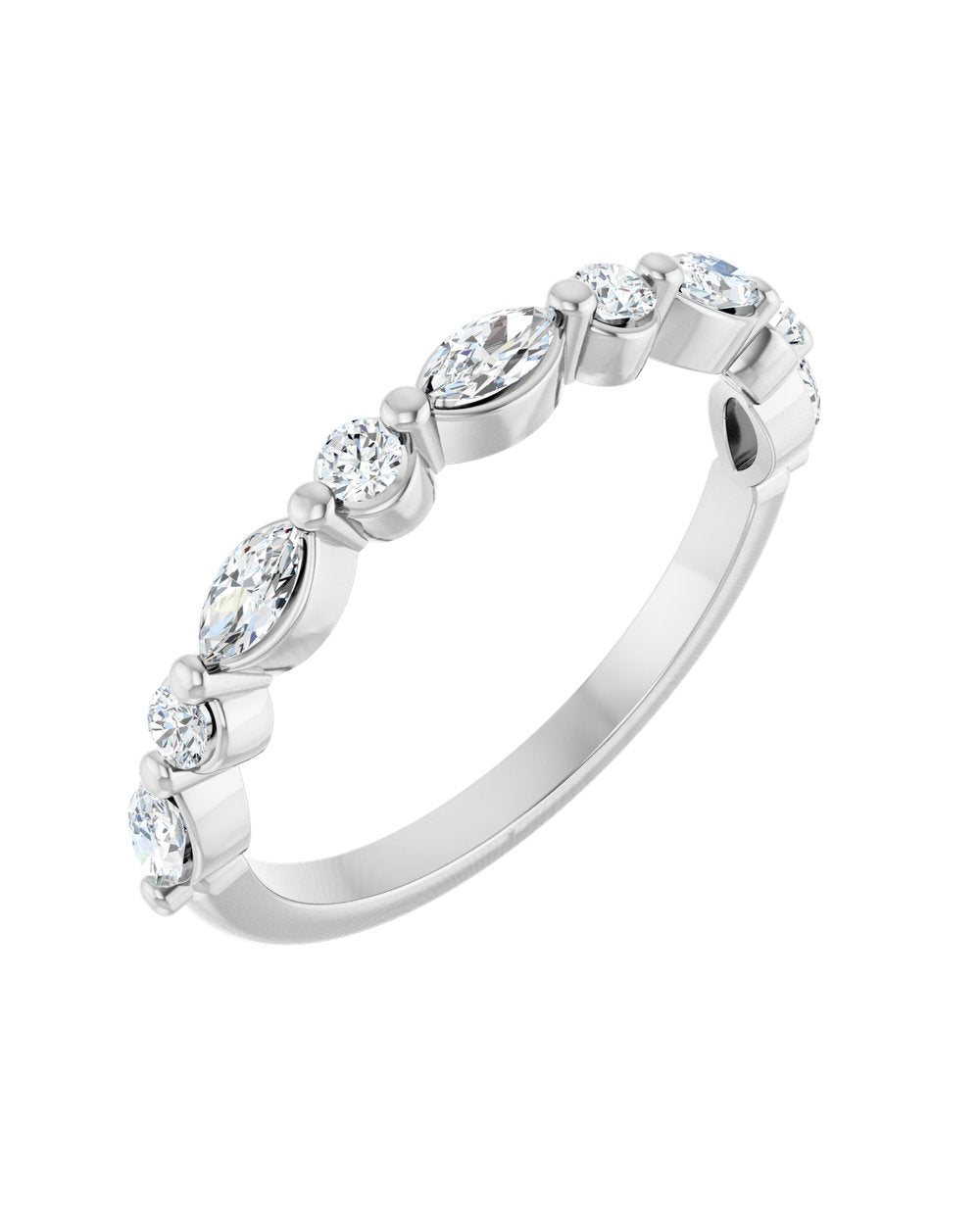 Anel Meia Aliança em Ouro 14k com Diamantes Navete e Brilhante – Branco 14k, 0,38 ct