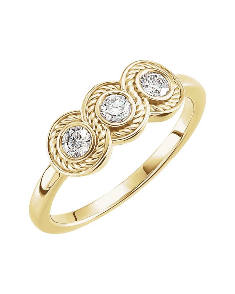 Anel Três Pedras com Cravação Bezel em Ouro 14k com Diamantes Naturais – Modelo 2