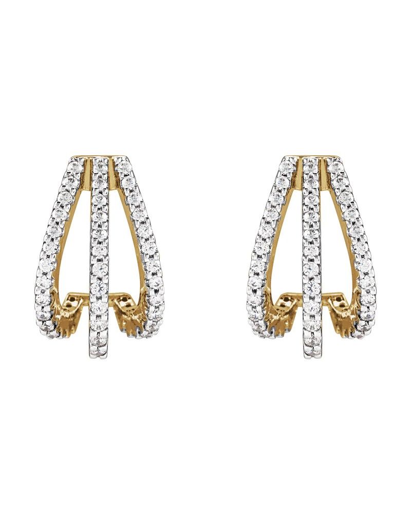 Brinco de Aro Três Fileiras Cravejado em Ouro 14k com Diamantes de Laboratório