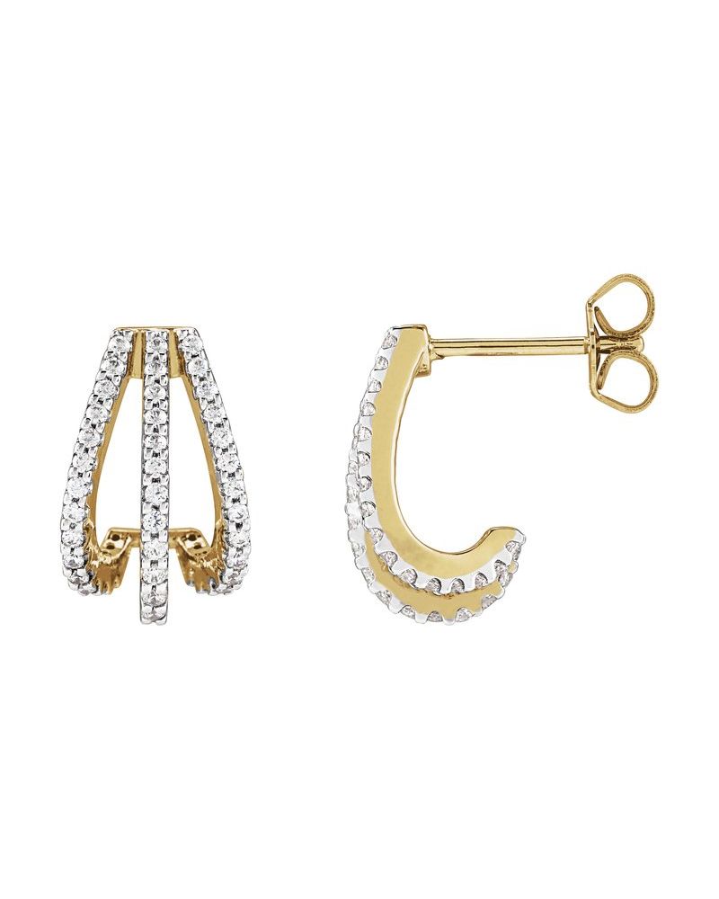 Brinco de Aro Três Fileiras Cravejado em Ouro 14k com Diamantes de Laboratório
