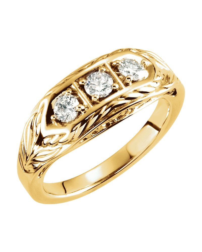 Anel Três Pedras Folha em Ouro 14k com Diamantes Naturais