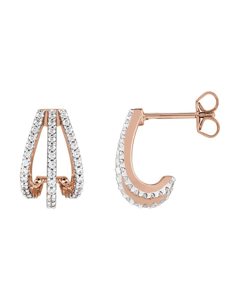 Brinco de Aro Três Fileiras Cravejado em Ouro 14k com Diamantes de Laboratório