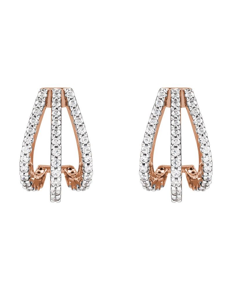 Brinco de Aro Três Fileiras Cravejado em Ouro 14k com Diamantes de Laboratório