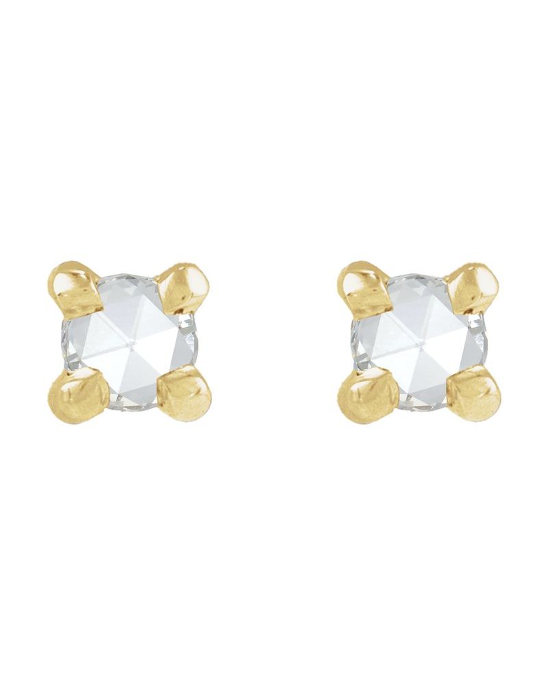 Brinco Ponto de Luz Redondo Lapidação Rosa Quatro Garras em Ouro 14k com Diamantes Naturais