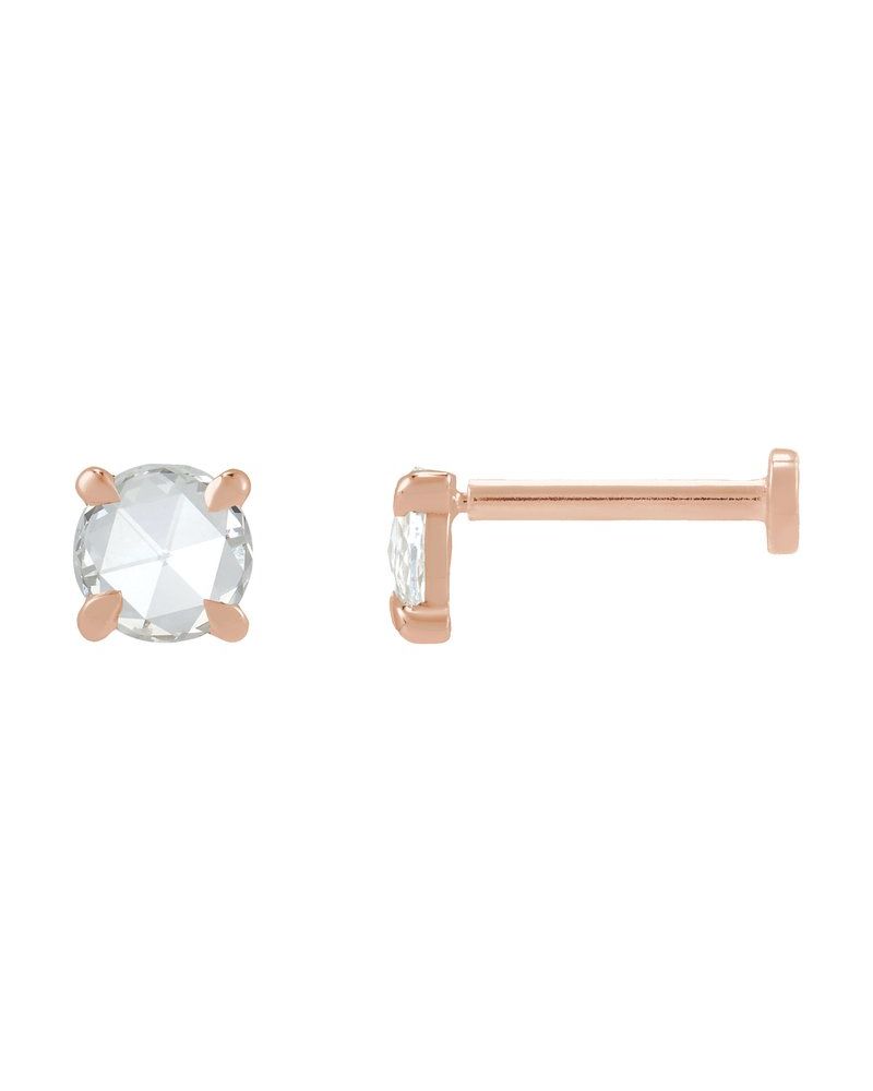 Brinco Ponto de Luz Redondo Lapidação Rosa Quatro Garras em Ouro 14k com Diamantes Naturais