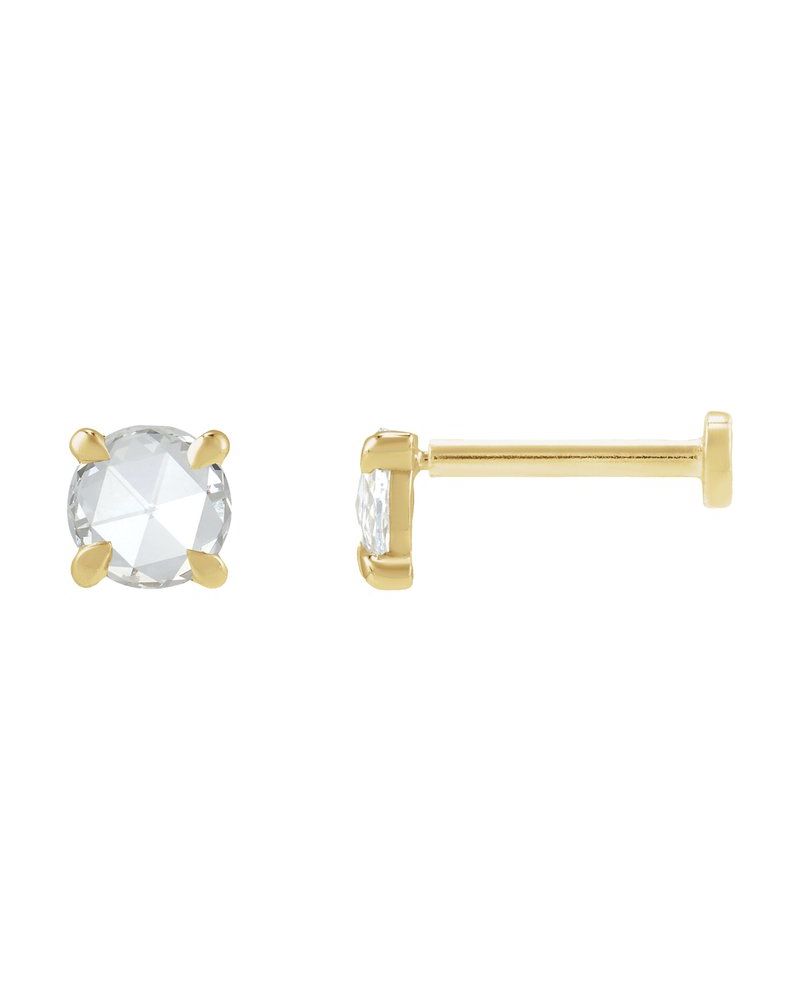 Brinco Ponto de Luz Redondo Lapidação Rosa Quatro Garras em Ouro 14k com Diamantes Naturais