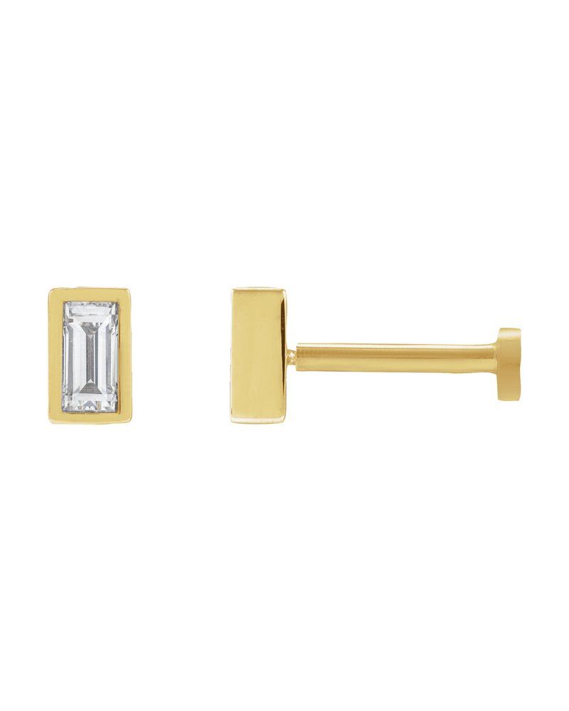 Brinco Ponto de Luz Baguete com Cravação Bezel em Ouro 14k com Diamantes de Laboratório – Modelo 2