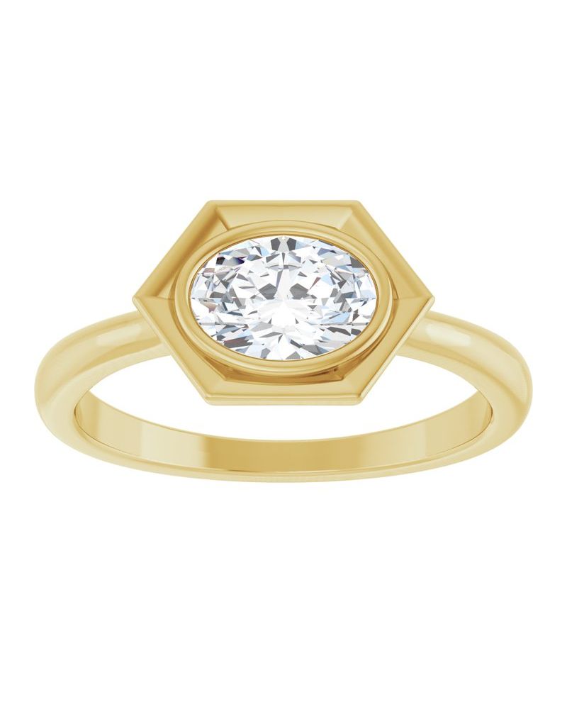 Anel Geométrico Solitário com Cravação Bezel em Ouro 14k com Diamantes de Laboratório