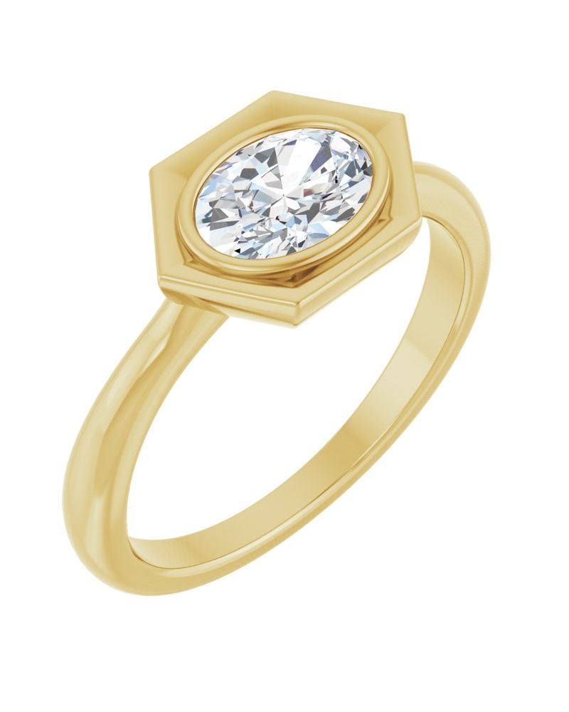 Anel Geométrico Solitário com Cravação Bezel em Ouro 14k com Diamantes de Laboratório