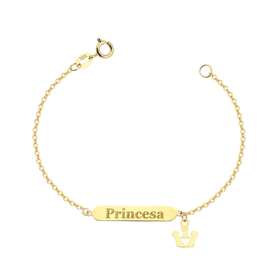 Pulseira Placa Princesa Coroa Pendurada — Ouro 10K