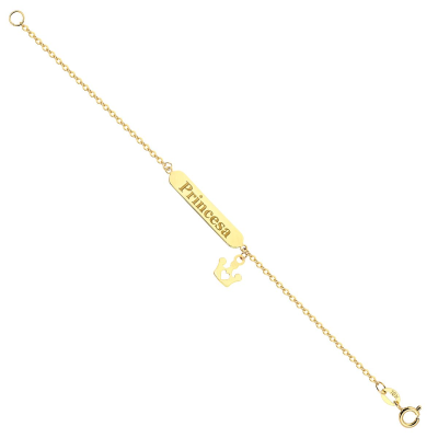 Pulseira Placa Princesa Coroa Pendurada — Ouro 10K
