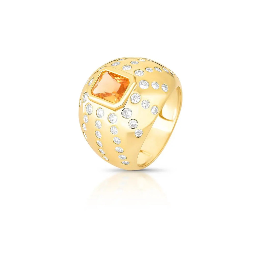 Anel Folheado a Ouro com Cristal Retangular e Zircônias