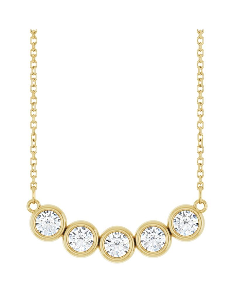 Colar Cinco Pedras com Cravação Bezel em Ouro 14k com Diamantes de Laboratório