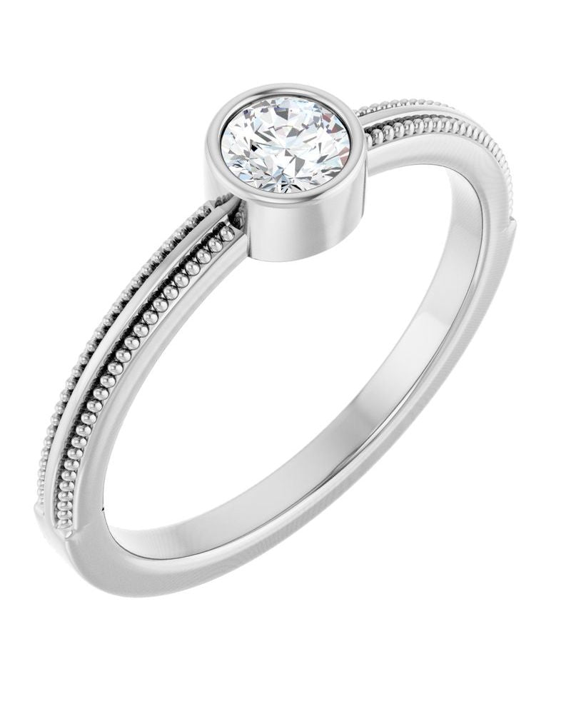 Anel Milgrain Solitário Pedra do Mês com Cravação Bezel em Ouro 14k com Diamantes de Laboratório