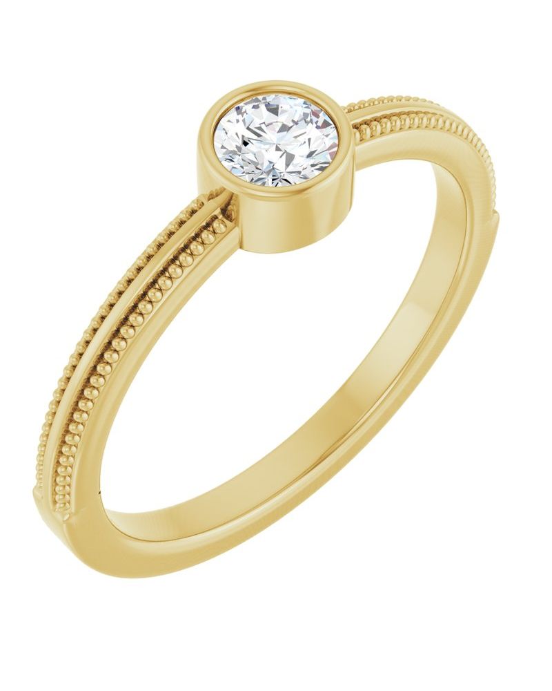 Anel Milgrain Solitário Pedra do Mês com Cravação Bezel em Ouro 14k com Diamantes de Laboratório