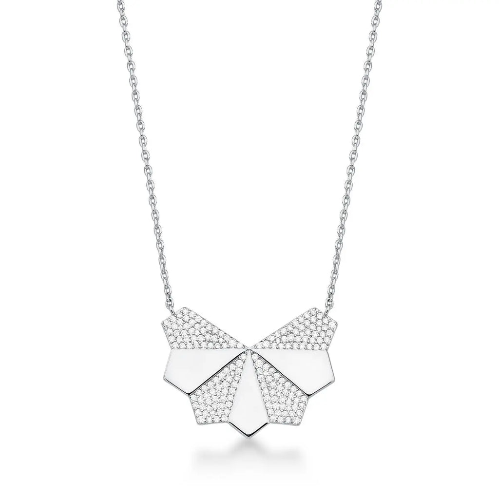Colar Folheado a Ródio com Pingente Meia Flor Geometrico Cravejado de Zircônias
