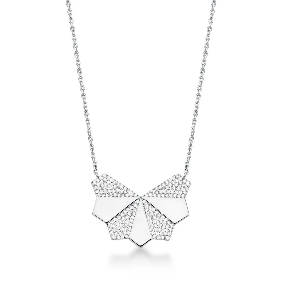 Colar Folheado a Ródio com Pingente Meia Flor Geometrico Cravejado de Zircônias