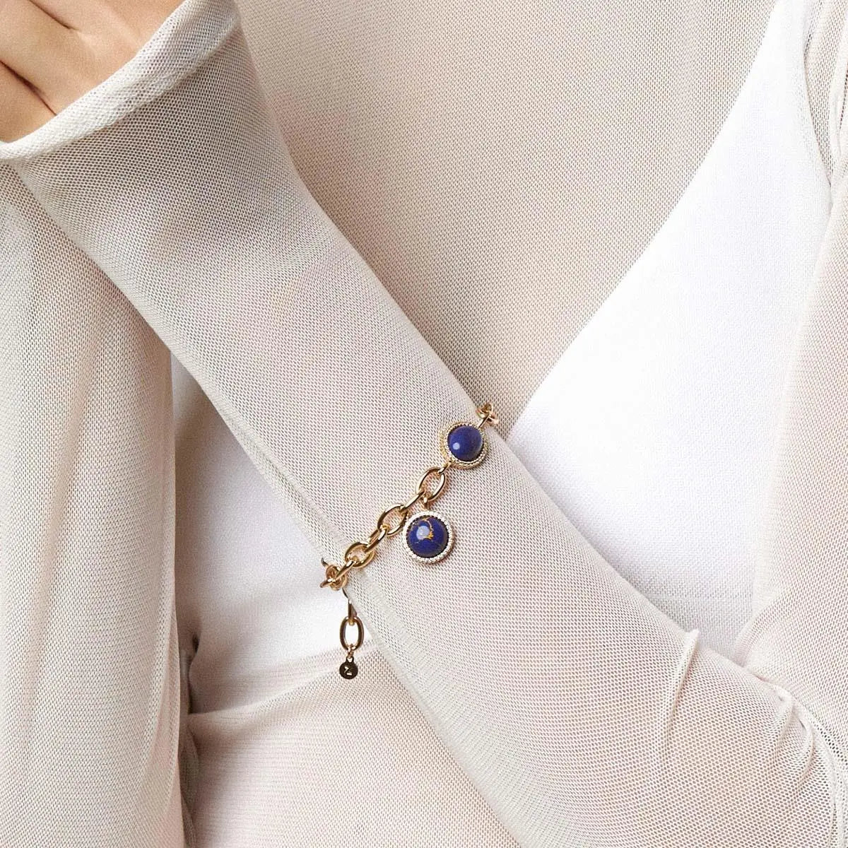 Pulseira Folheada a Ouro de Pedras Lápis Lazuli e Zircônias com Fecho Boia