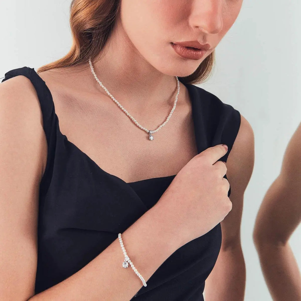 Pulseira de Prata 925 com Cristais Redondos e Pérola Shell