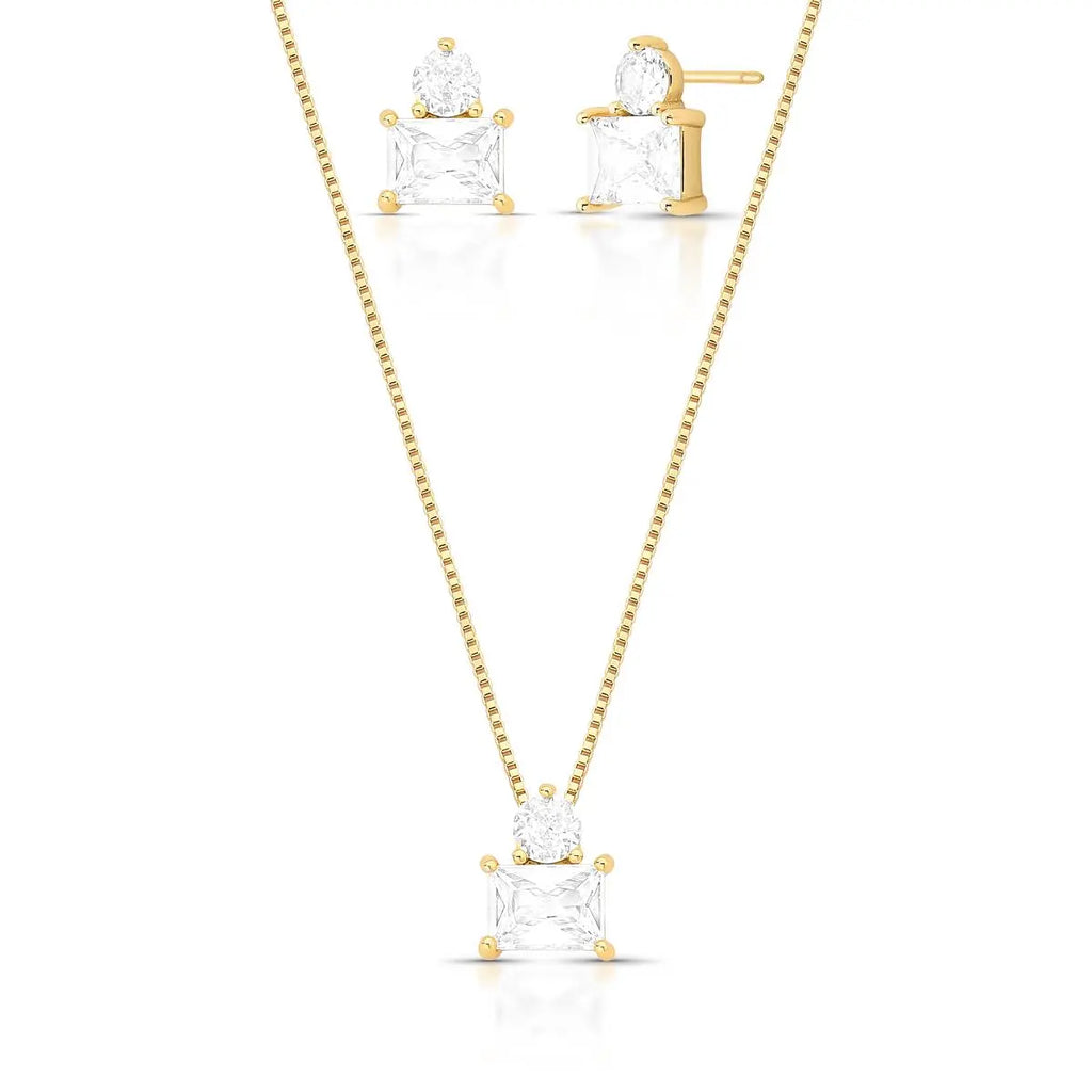 Conjunto Folheado a Ouro Brinco e Colar com Cristais Geométricos