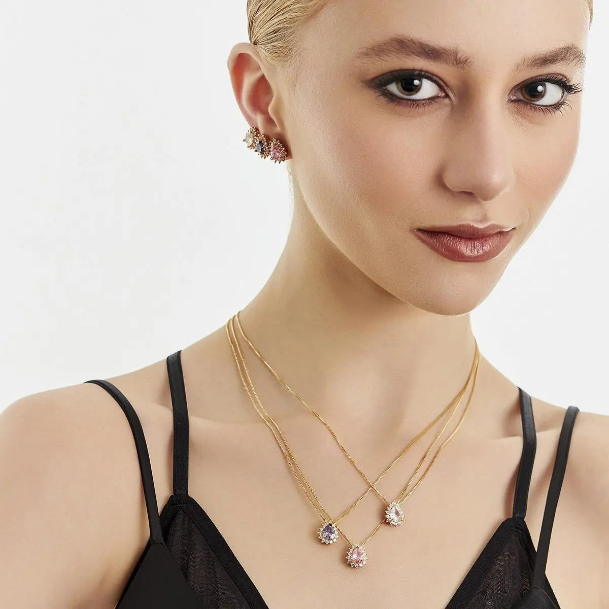 Conjunto Brinco e Colar com Cristal de Gota e Zircônias