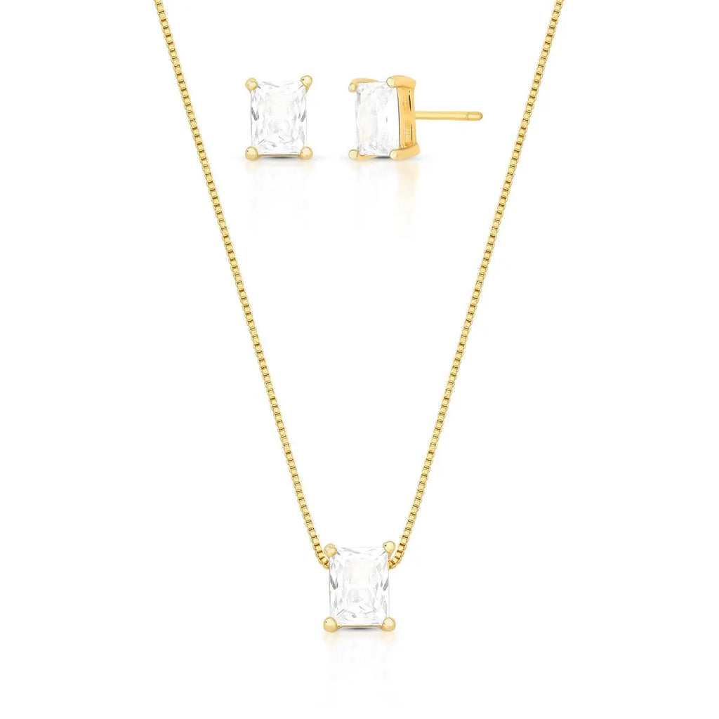 Conjunto Brinco e Colar com Cristal Retangular