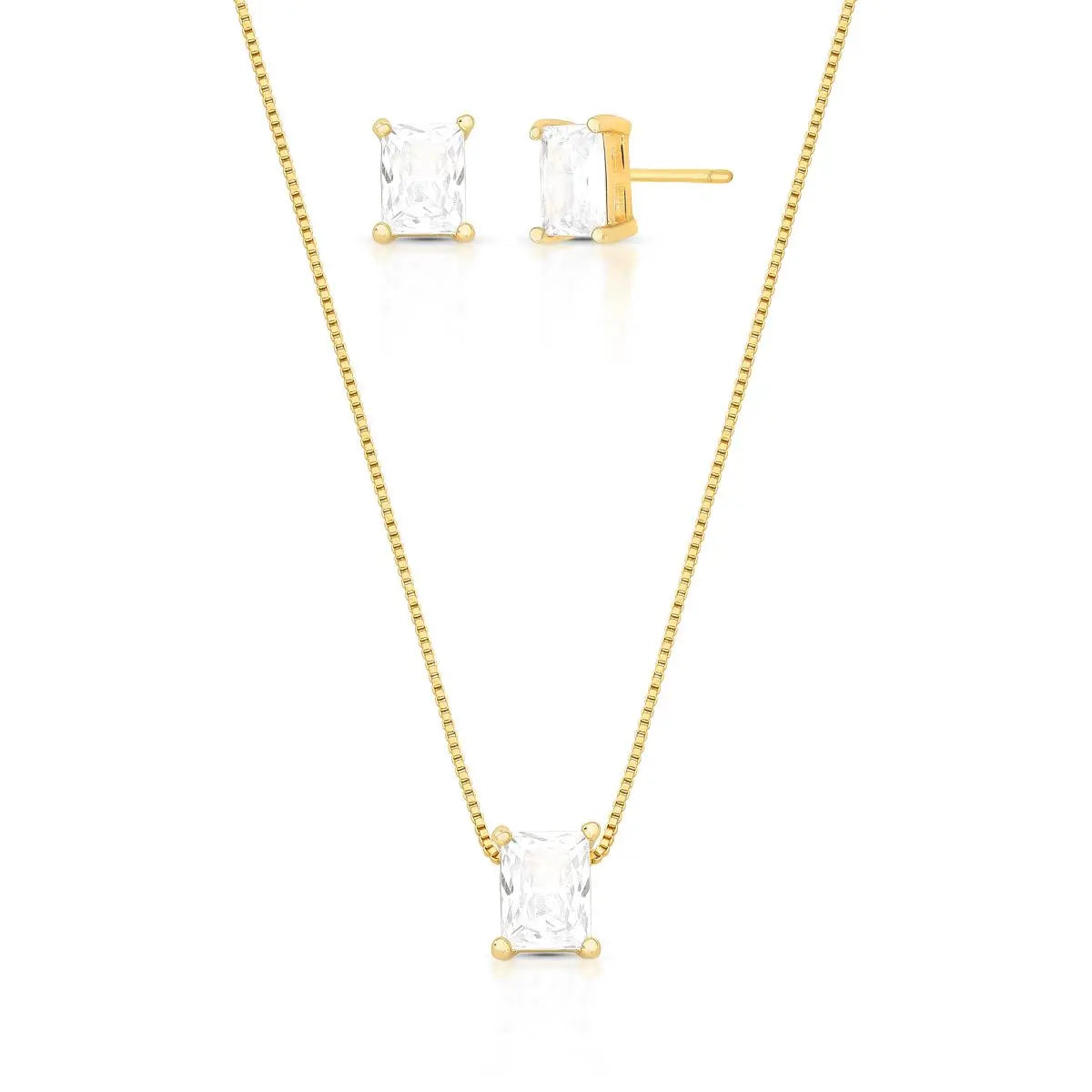 Conjunto Brinco e Colar com Cristal Retangular