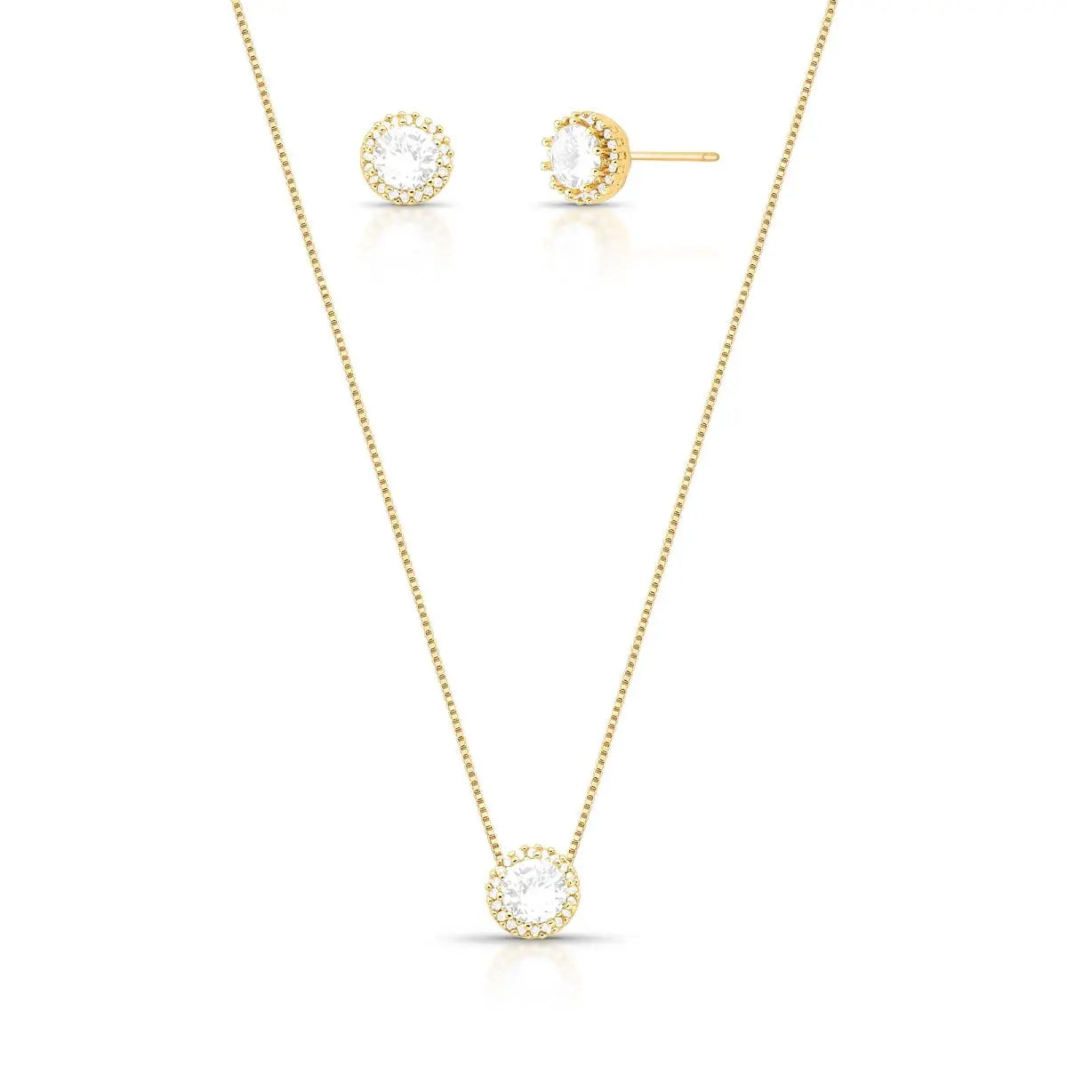 Conjunto Folheado a Ouro Brinco e Colar com Cristal Redondo e Zircônias