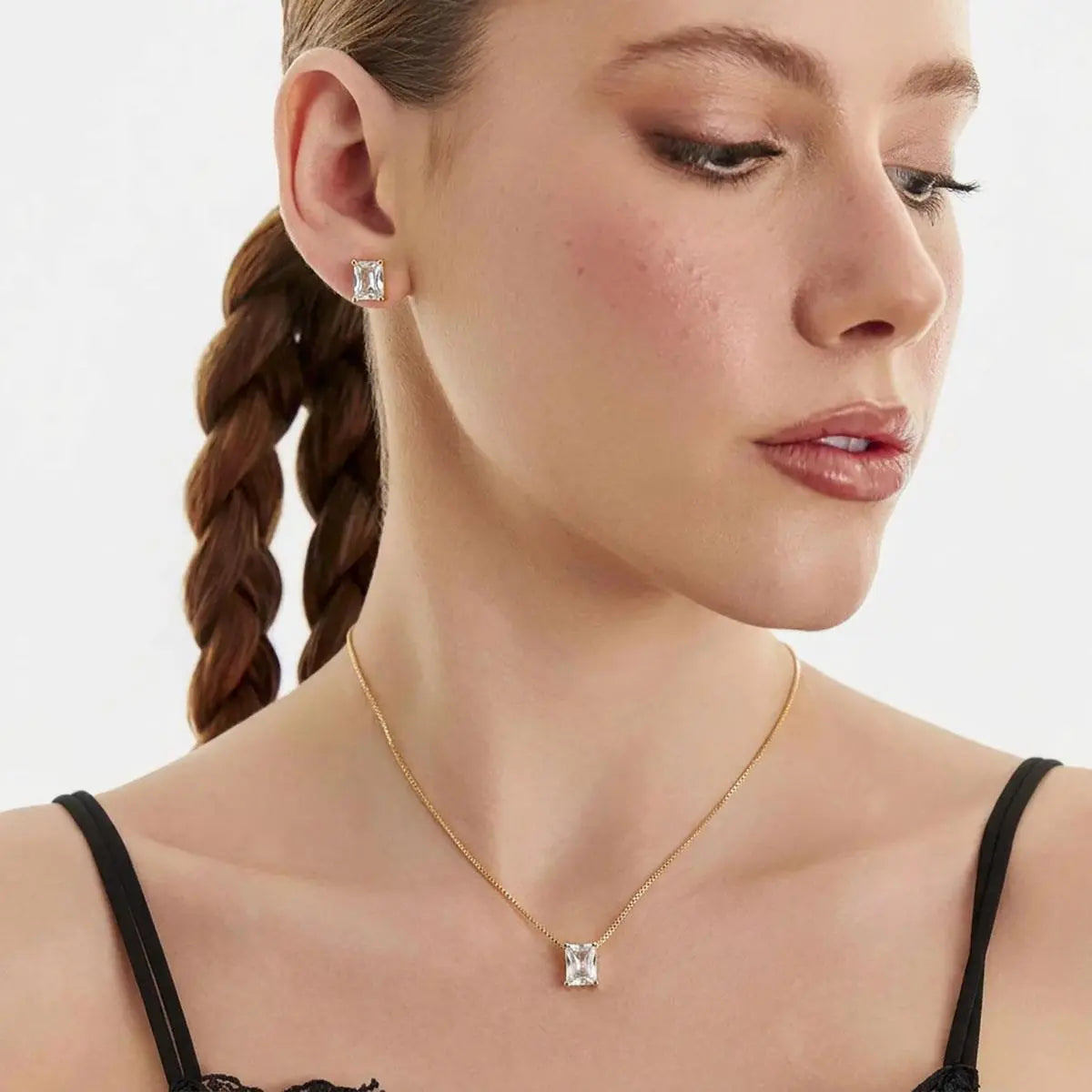 Conjunto Brinco e Colar com Cristal Retangular
