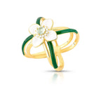 Anel Folheado a Ouro de Flor Esmaltado com Cristal e Zircônia