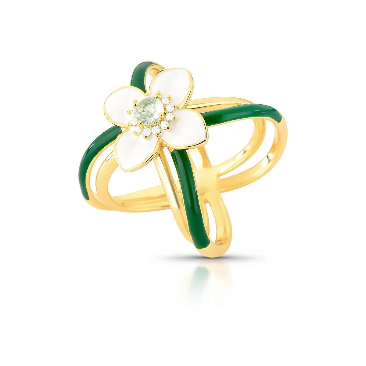 Anel Folheado a Ouro de Flor Esmaltado com Cristal e Zircônia