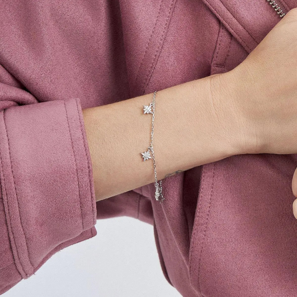 Pulseira de Prata 925 com Pingentes de Estrelas em Zircônias