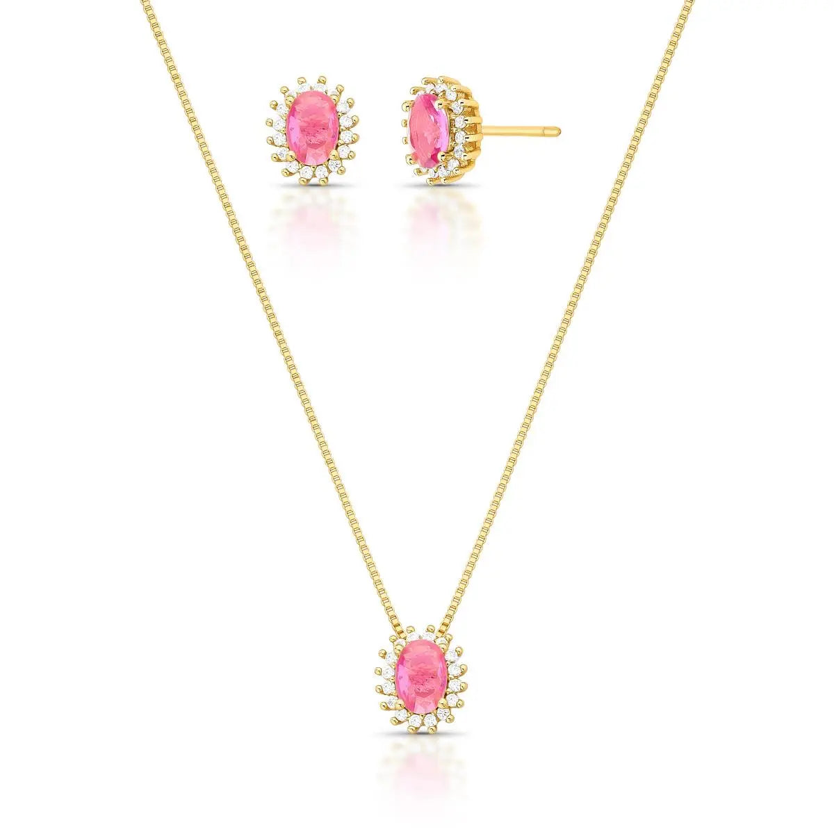 Conjunto Brinco e Colar com Cristal Oval e Zircônias