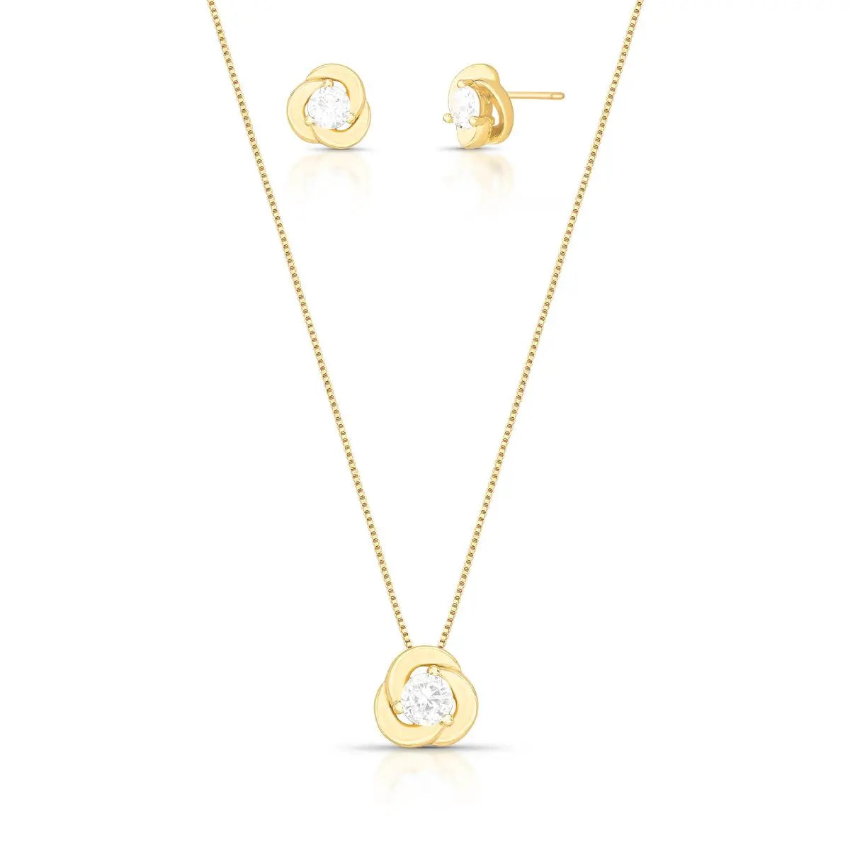 Conjunto Folheado a Ouro Brinco e Colar de Flor com Cristal Redondo