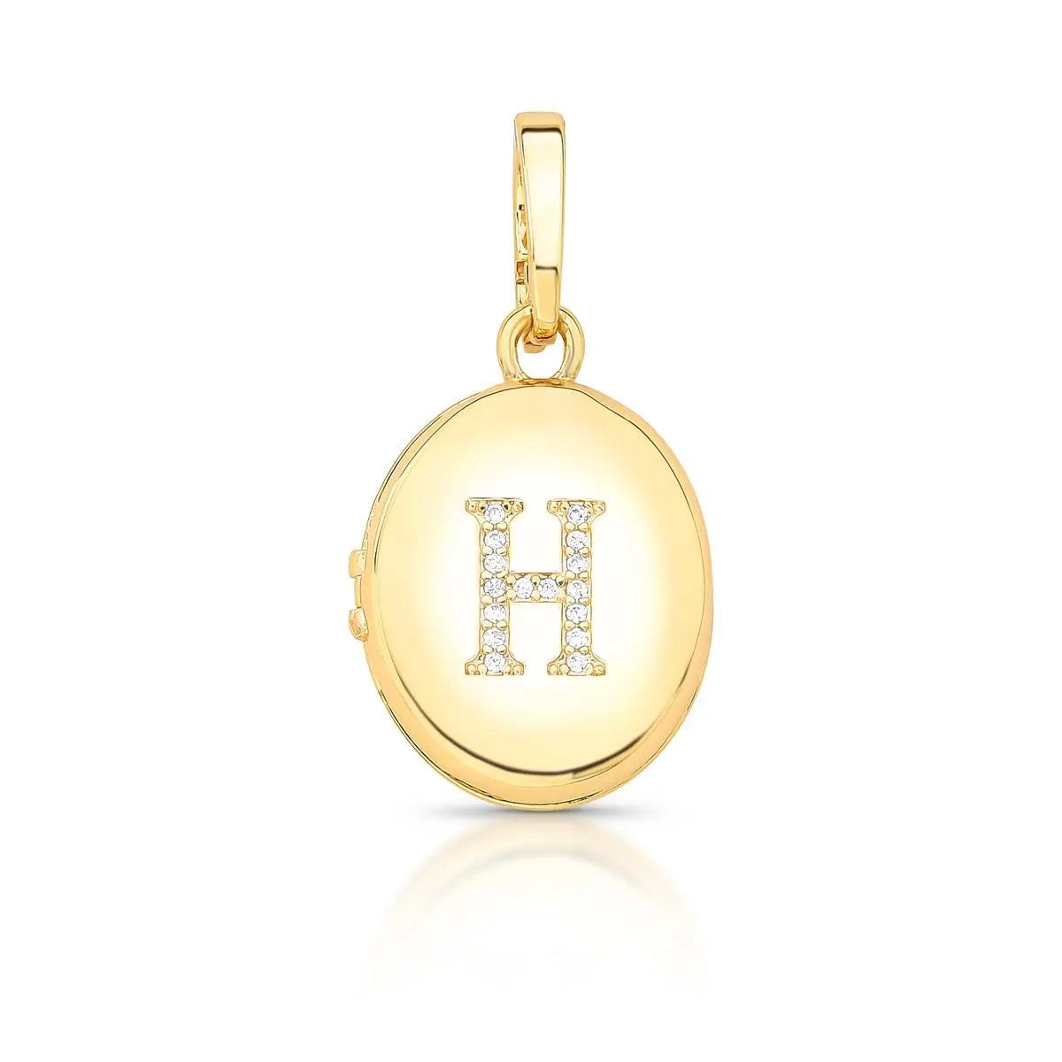 Pingente Folheado a Ouro Relicário Oval com Fecho e Letra"H" com Zircônias