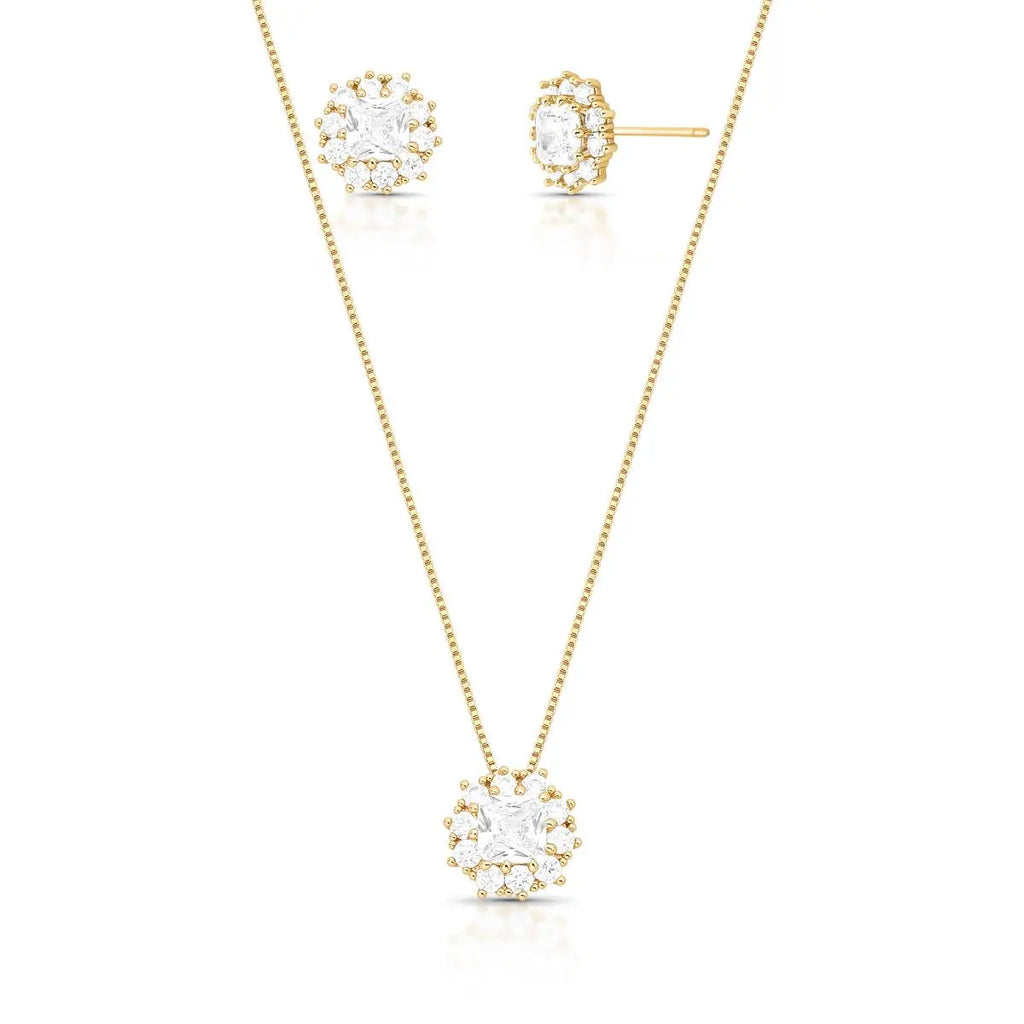 Conjunto Folheado a Ouro Brinco e Colar com Zircônias Redondas e Quadrada