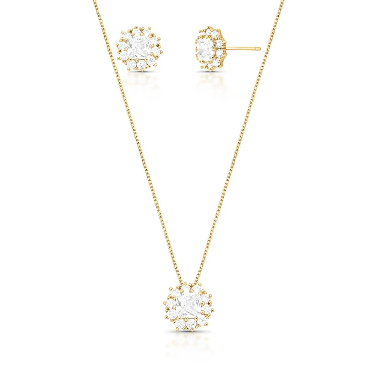 Conjunto Folheado a Ouro Brinco e Colar com Zircônias Redondas e Quadrada